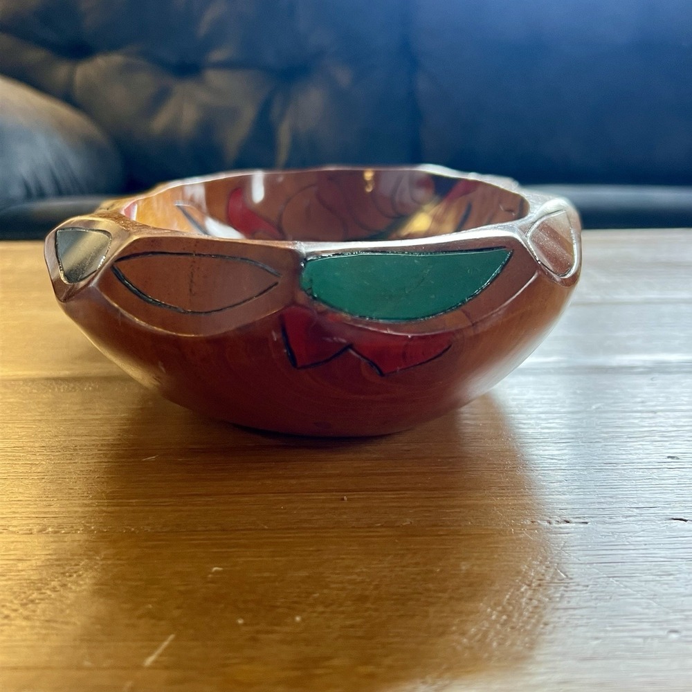 Vintage Hand Carved Wood Fruit Bowl Painted‎ Floral Folk Art Decorative - Picture 5 of 9